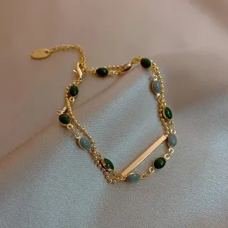 Golden Beaded Green Double Layer Charm Bracelet 